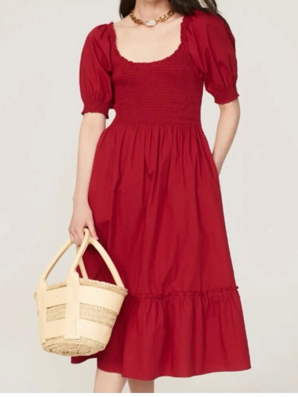 Hill House Louisa in Red-Smocked Puff-Sleeve Midi Dress